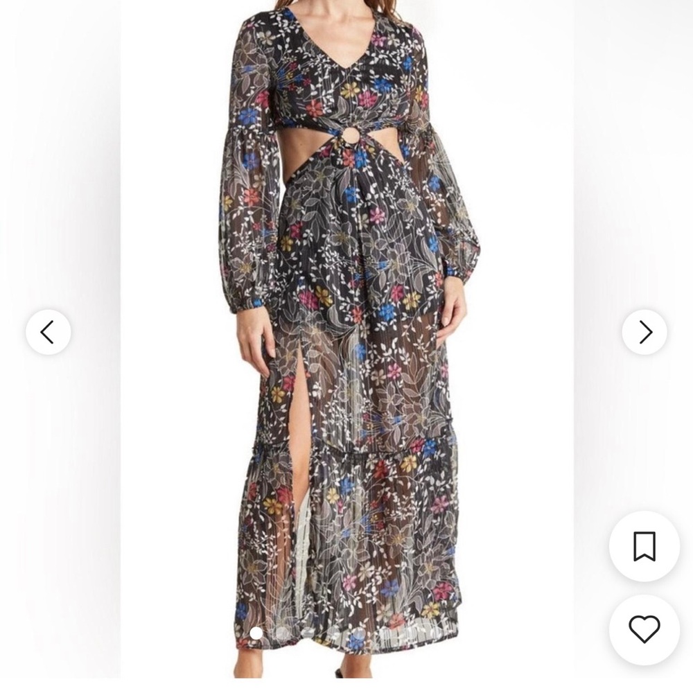 RAGA Floral Cutout Long Sleeve Maxi Dress Boho Festival Multicolor Black
